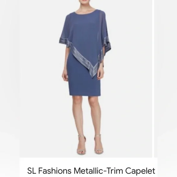 SLNY | Dresses | Slny Blue Dress With Asymmetrical Sheer Overlay Capelet Metallic Trim | Poshmark SLNY | Dresses | Slny Blue Dress With Asymmetrical Sheer Overlay Capelet Metallic Trim | Poshmark